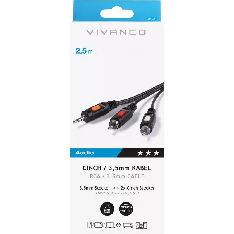 Audiokabel 3.5 mm auf 2xCinch Vivanco 2.5 m (VVAJACK2RCA25MMK)