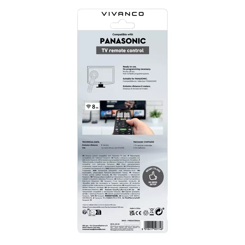 Vivanco VVREMOTEPANA Universelle Fernbedienung für Panasonic TVs – vorprogrammiert, IR, Schwarz