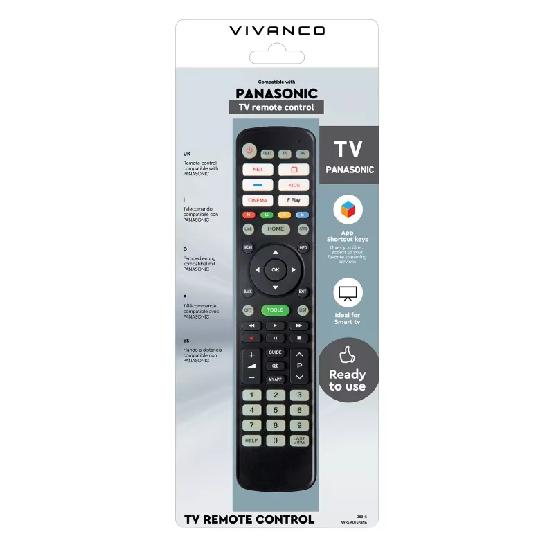 Vivanco VVREMOTEPANA Universelle Fernbedienung für Panasonic TVs – vorprogrammiert, IR, Schwarz