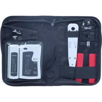 DSIT 9-teiliges Netzwerk-Installations- und Reparatur-Werkzeugset mit RJ45-Crimpzange, Kabeltester, Auflegewerkzeug und Reißverschluss-Etui (DC-TOOLSET)