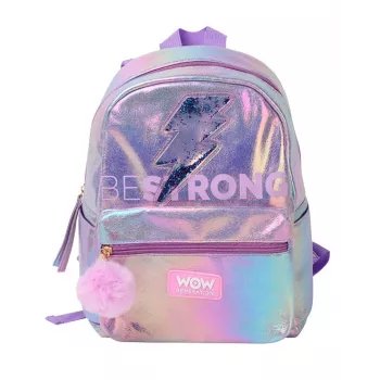 Holo Wow holografischer Schulrucksack für Mädchen mit Pompom und verstellbaren Riemen WOW00048