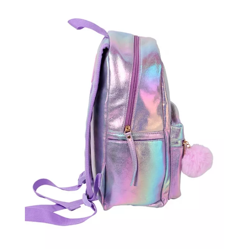 Holo Wow holografischer Schulrucksack für Mädchen mit Pompom und verstellbaren Riemen WOW00048