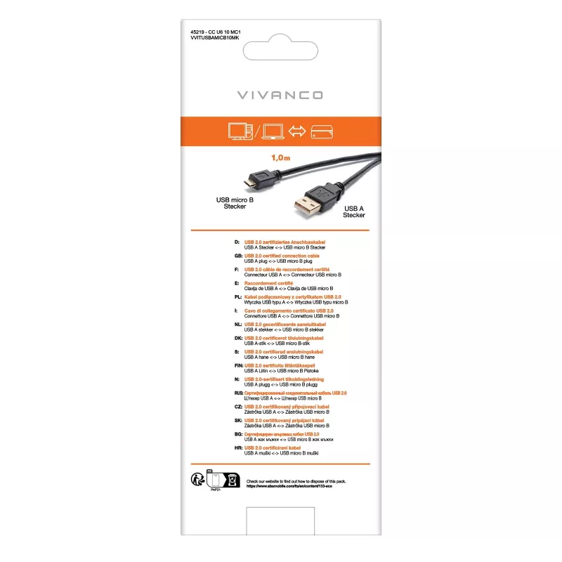 Vivanco VVITUSBAMICB10MK USB 2.0 Typ-A auf Micro-B Kabel, 1 m, Schwarz
