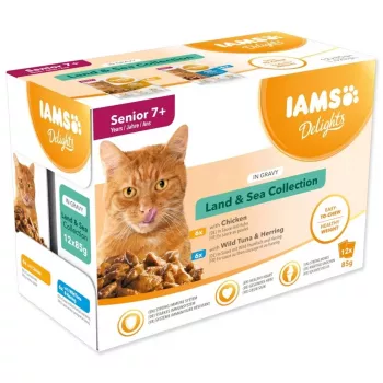 IAMS Delights Senior Land & Sea Collection in Gravy – Nassfutter für Katzen – 12x85g