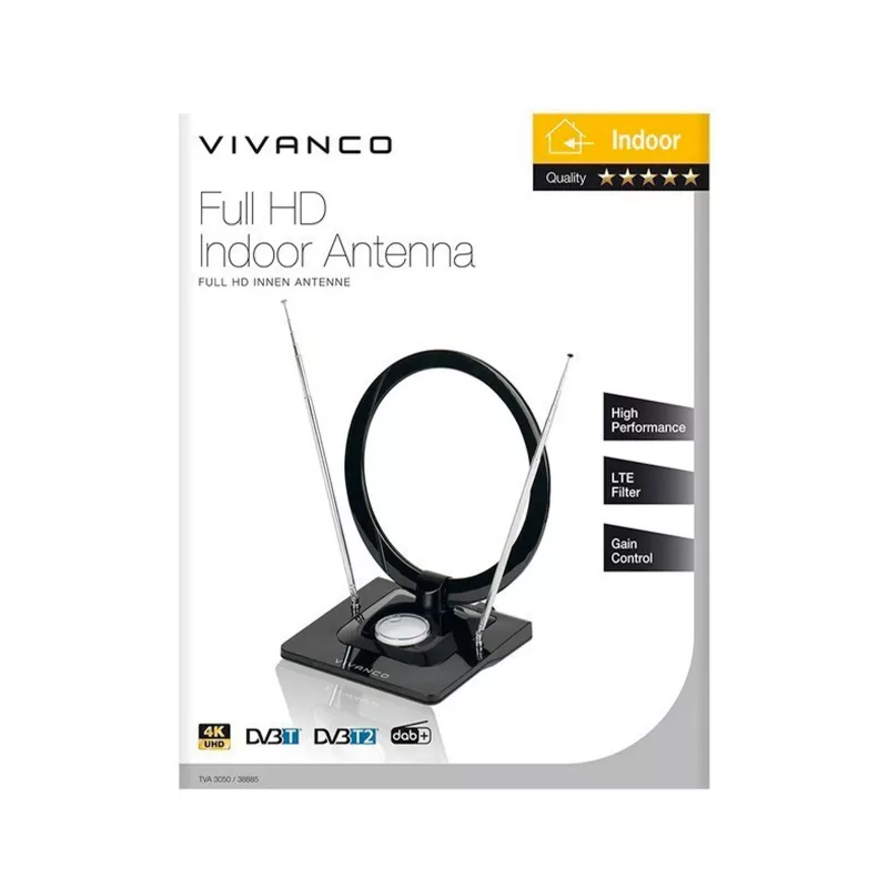 Vivanco VVTVANTSCIRCLE Innenantenne DVB-T2/DAB+ Flachantenne mit 4G/5G-Filter, Schwarz