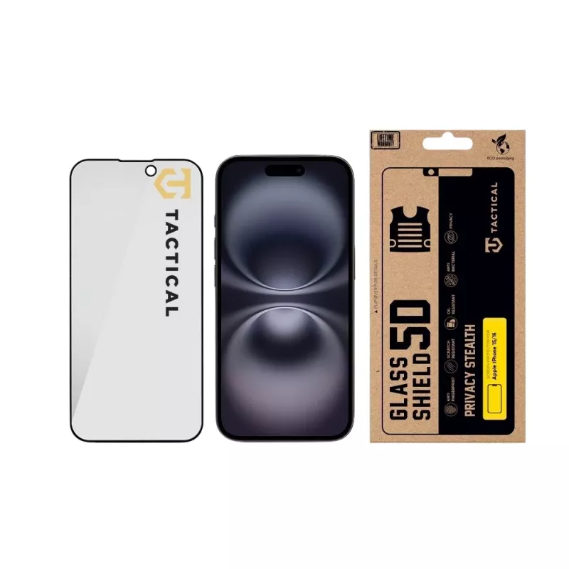 Tactical Glass Shield Privacy 5D Displayschutzfolie für iPhone 15 / 16, Schwarz