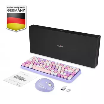 Perixx PERIDUO-713PP DE Kabelloses Mini-Tastatur- und Maus-Set, Retro-Vintage-Design, Lila, deutsches Layout