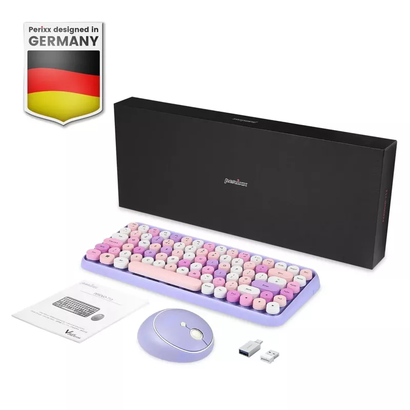 Perixx PERIDUO-713PP DE Kabelloses Mini-Tastatur- und Maus-Set, Retro-Vintage-Design, Lila, deutsches Layout