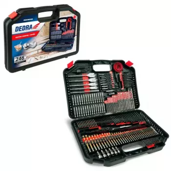DEDRA 18A11S246 246-teiliger Bohrer- und Schraubendreher-Bitsatz mit HSS-, Holz-, Steinbohrern und CrV-Schrauberbits im Kunststoffkoffer