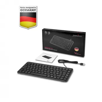 Perixx PERIBOARD-414 B DE Kabelgebundene Mini-USB-Tastatur, leise Tasten, deutsches Layout, Schwarz