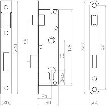 PSG 63.211 L/P Einsteckschloss mit Falle und Riegel, wechselbar, 220 x 22 mm Stulp, 72 mm PZ, 50 mm Entfernung, verzinkter Stahl