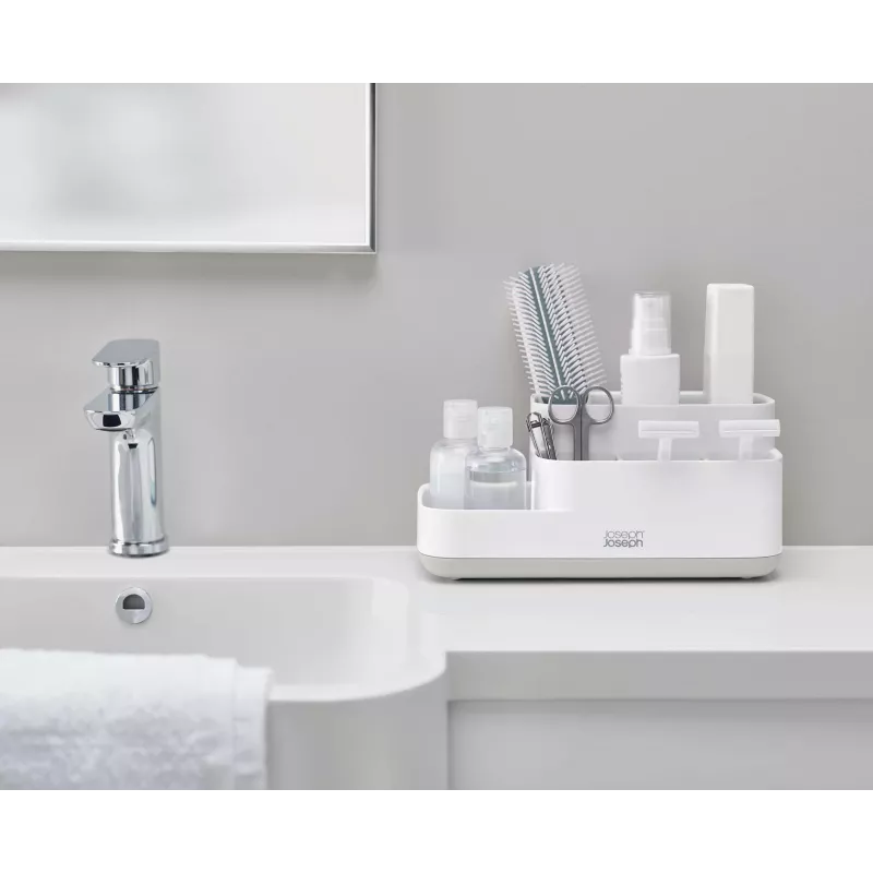 Joseph Joseph EasyStore Badezimmer-Organizer Weiß/Grau - Kompakter Organizer mit mehreren Fächern und belüfteter Drainage