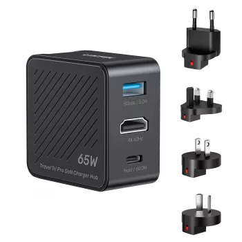 UNITEK P1242ABK01 GaN 3-in-1 Reise-Ladegerät-Hub 65W mit 4K@60Hz HDMI, USB-A und USB-C
