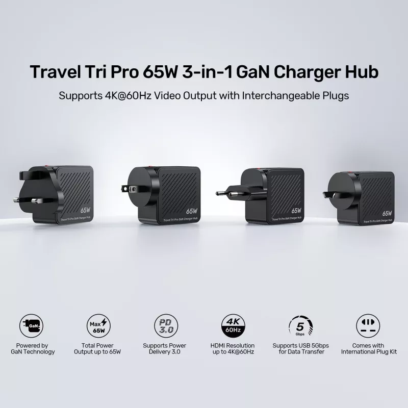 UNITEK P1242ABK01 GaN 3-in-1 Reise-Ladegerät-Hub 65W mit 4K@60Hz HDMI, USB-A und USB-C