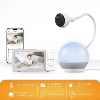 Chillax DM 610 Video-Babyphone mit Giraffen-Stimmungs-Sleep-Trainer - 2,8 inch Farb-LCD, 2,4 GHz FHSS, 300 m Reichweite, Nachtsicht, Gegensprechfunktion, Temperatursensor, Schlaflieder, Nachtlicht, wandmontierbar, Weiß