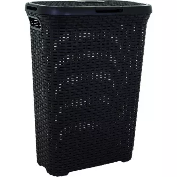 CURVER Style 40L Wäschebox mit Klappdeckel, Rattan-Effekt, Schwarz