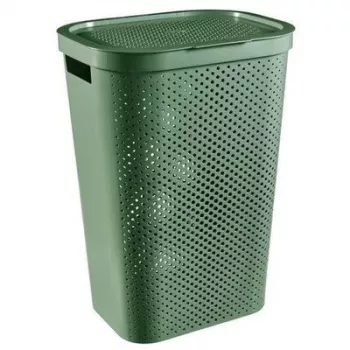 CURVER Infinity Recycled 60L Wäschebox, Grün, 44x35x60 cm, belüfteter Wäschekorb aus recyceltem Kunststoff mit Deckel und Griffen