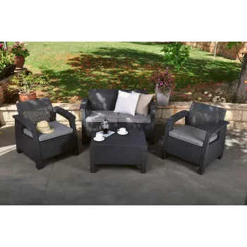 KETER Corfu Gartenmöbel-Set Grau - 4-Sitzer Sofa, 2 Sessel, Couchtisch