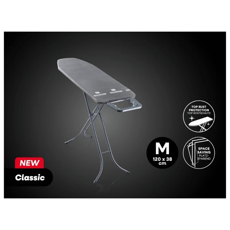 Leifheit Classic M Bügelbrett Schwarz 120x38cm mit fester Bügeleisenablage und Baumwollbezug
