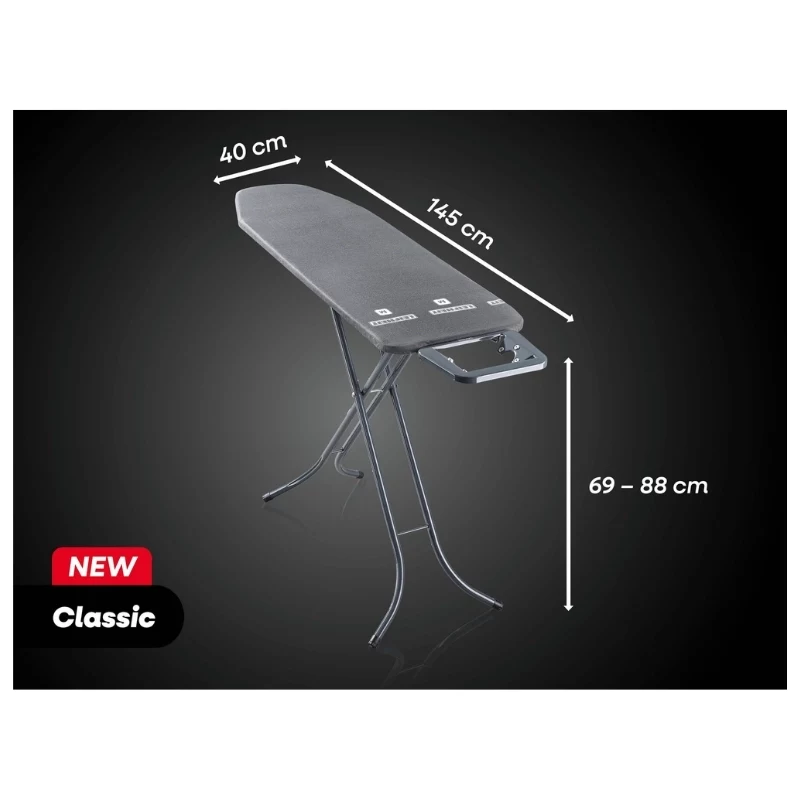 Leifheit Classic M Bügelbrett Schwarz 120x38cm mit fester Bügeleisenablage und Baumwollbezug