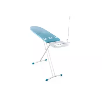LEIFHEIT Air Board Express L Solid Bügelbrett 130x38 cm mit Thermo-Reflect Technologie, höhenverstellbar 75-98 cm, faltbar, Schulterform, rutschfeste Füße, Bügeleisenablage, Kabelhalter, Weiß/Blau