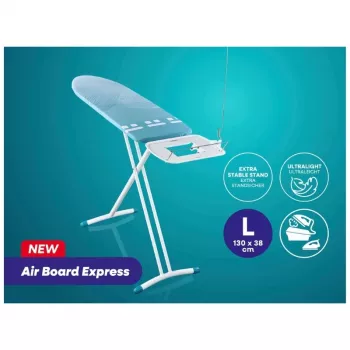 LEIFHEIT Air Board Express L Solid Bügelbrett 130x38 cm mit Thermo-Reflect Technologie, höhenverstellbar 75-98 cm, faltbar, Schulterform, rutschfeste Füße, Bügeleisenablage, Kabelhalter, Weiß/Blau