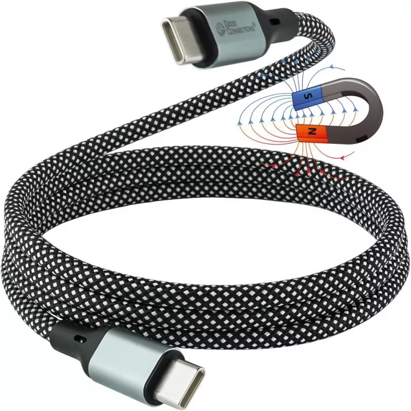 GoodConnections Magnetisches USB 2.0 Spiralkabel 60W USB-C zu USB-C, Schwarz/Weiß, 1m 2060-MT010SW