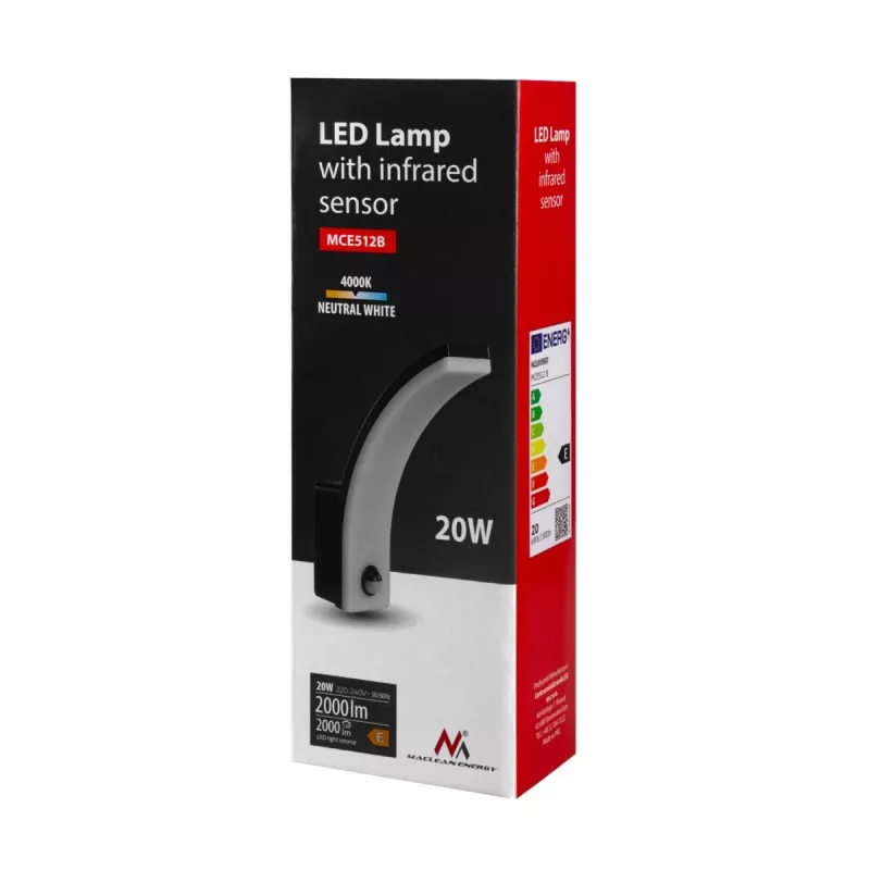 MACLEAN MCE512B LED-Lampe mit Bewegungsmelder, 20W, 2000 lm, IP65