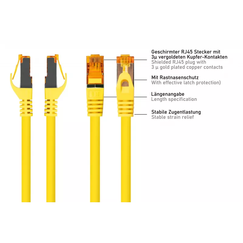 KABELMEISTER RJ45 Patchkabel Cat.7 Rohkabel, hochflexibler TPE-Mantel, halogenfrei, gelb, 7,5m
