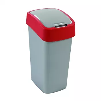 CURVER Flip Bin 45L Abfalleimer Silber/Rot mit Schwingdeckel