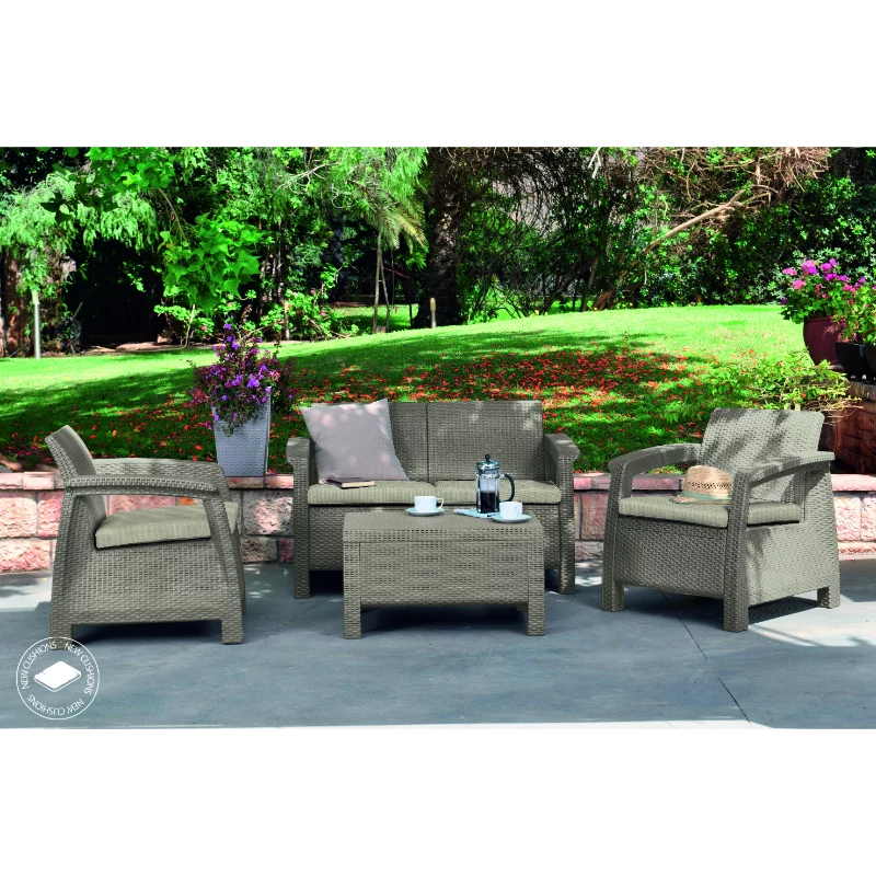KETER Corfu Gartentisch, Rattan-Optik Harz, Beige, Rechteckig, Wetterbeständig, UV-Geschützt, Einfache Montage