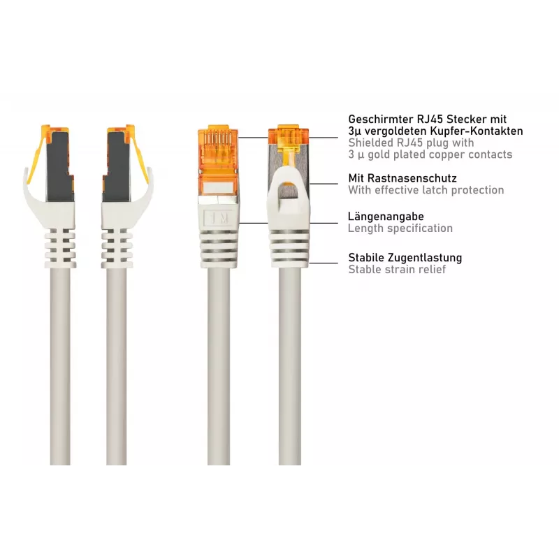 Kabelmeister Cat.7 S/FTP Patchkabel, TPE-Mantel, halogenfrei, grau, 3m