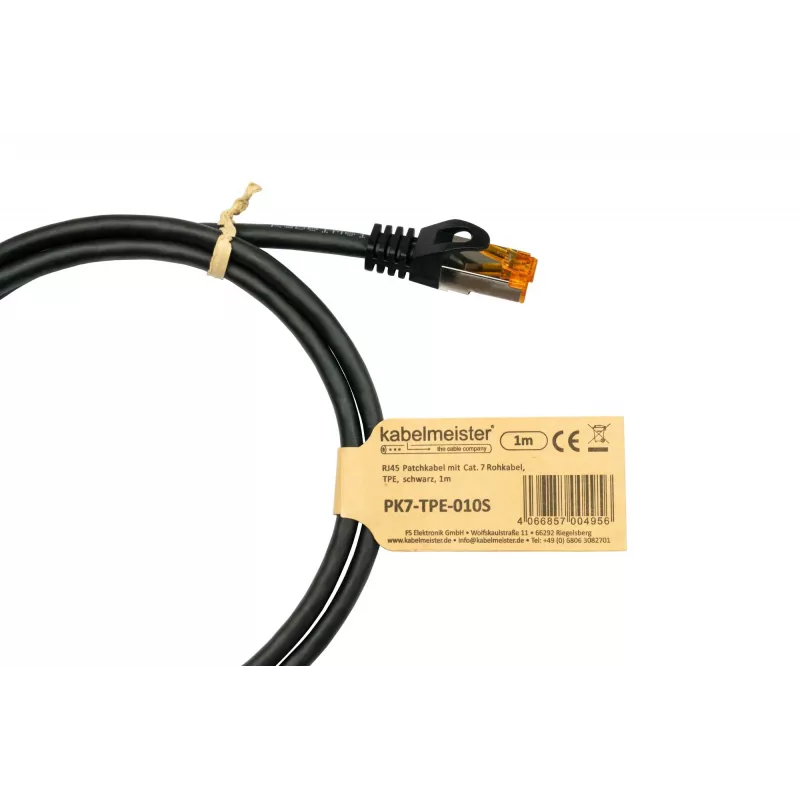 Kabelmeister RJ45 Patchkabel Cat.7 S/FTP, TPE-Mantel, halogenfrei, Schwarz, 0,15m