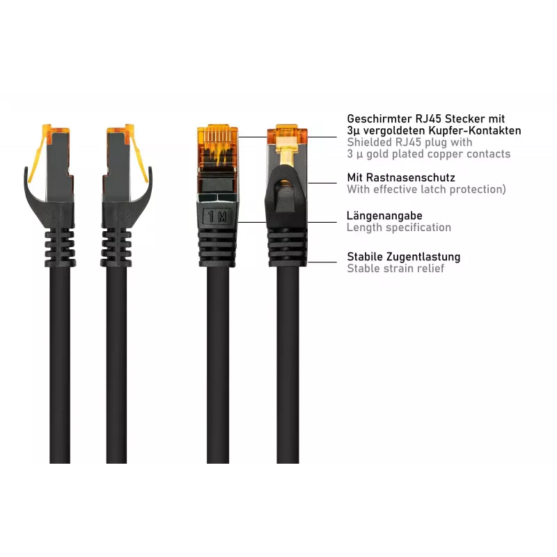 Kabelmeister Cat.7 S/FTP Patchkabel, TPE-Mantel, halogenfrei, Schwarz, 3m