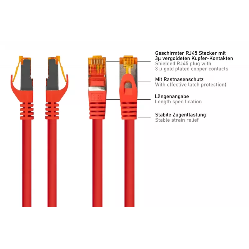 KABELMEISTER RJ45 Patchkabel Cat. 7 Rohkabel, hochflexibler TPE-Mantel, halogenfrei, rot, 1m