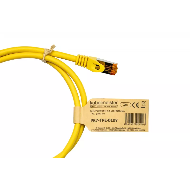 Kabelmeister Cat.7 S/FTP Patchkabel, TPE-Mantel, halogenfrei, gelb, 0,25m