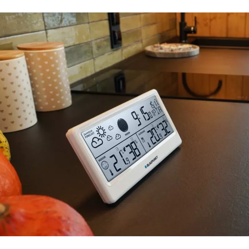 Blaupunkt WS20WH Wetterstation mit Außensensor, Farb-LCD, DCF-Funkuhr, Mondphase, USB-Ladefunktion