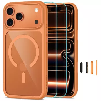 TECH-PROTECT MAGONE MagSafe-Hülle mit 2er-Pack Displayschutz aus gehärtetem Glas für iPhone 17 Pro / 18 Pro – Cosmic Orange/Klar
