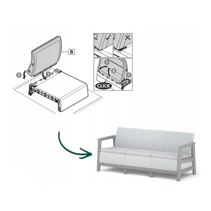 KETER Gartensofa Dreisitzer Scandi Linea 3-Sitzer Sofa hellgrau/dunkelstahlgrau
