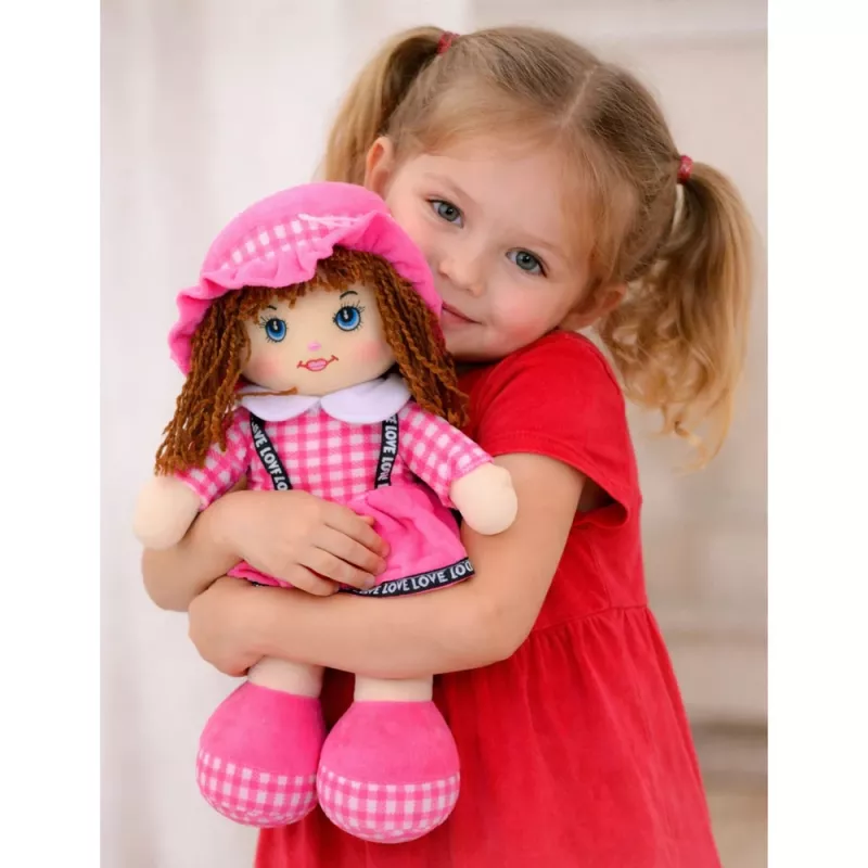 LEAN TOYS Stoffpuppe Kuscheltier Karokleid Rosa 35 cm