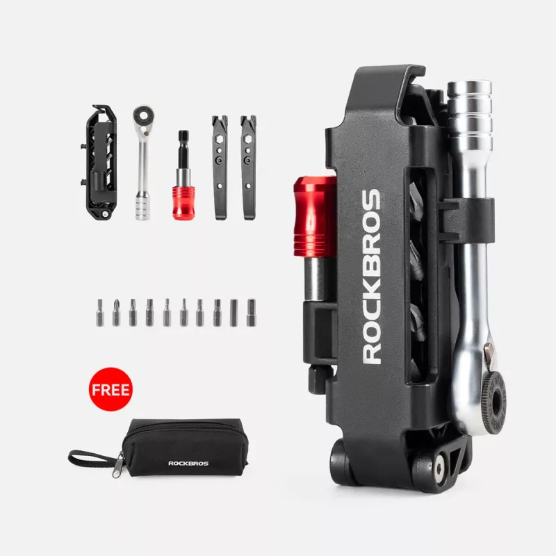 Rockbros Fahrrad-Werkzeugset Multitool mit Ratschenschlüssel und Reifenhebern - schwarz