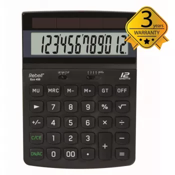 REBELL RE-ECO 450 BX Tischrechner, 12-stelliges LCD, Dual Power, Recycling-Kunststoff, Schwarz