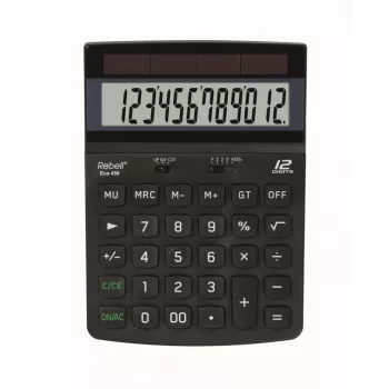 REBELL RE-ECO 450 BX Tischrechner, 12-stelliges LCD, Dual Power, Recycling-Kunststoff, Schwarz