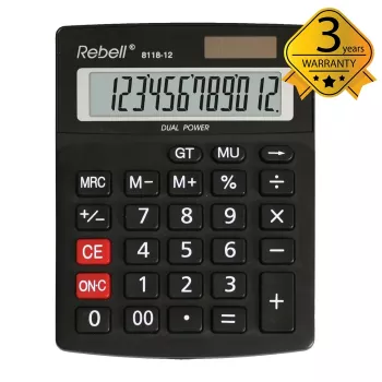 REBELL RE-8118-12 BX Halb-Desktop-Taschenrechner, 12-stelliges abgewinkeltes LCD, Dual-Power Solar & Batterie, Schwarz