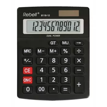 REBELL RE-8118-12 BX Halb-Desktop-Taschenrechner, 12-stelliges abgewinkeltes LCD, Dual-Power Solar & Batterie, Schwarz