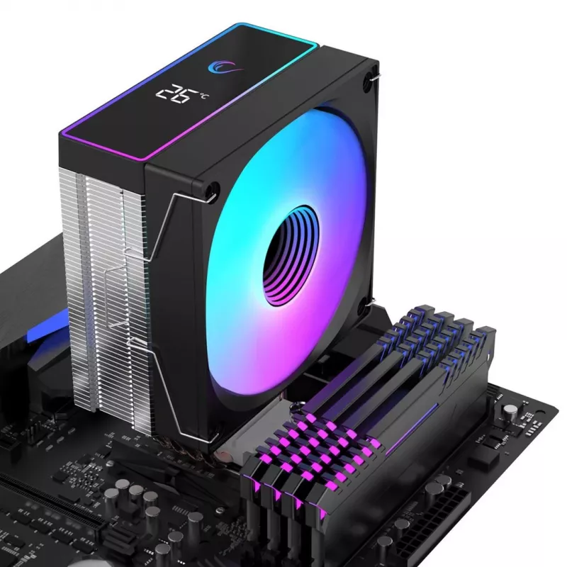 Rampage Octagon B70 CPU-Luftkühler, 120 mm ARGB, Temperaturanzeige, Schwarz