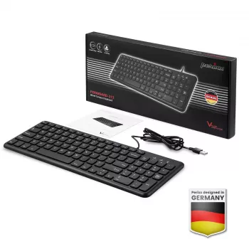 Perixx PERIBOARD-213 DE B kabelgebundene USB-Tastatur, deutsches Layout (QWERTZ), Scherenschalter, Schwarz