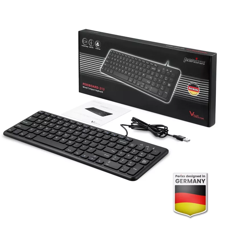 Perixx PERIBOARD-213 DE B kabelgebundene USB-Tastatur, deutsches Layout (QWERTZ), Scherenschalter, Schwarz