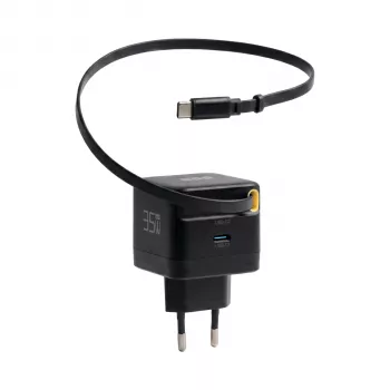 EFB Elektronik G352CE 35W GaN USB-C Wandladegerät mit einziehbarem 0,7m Kabel, PD3.0 & QC3.0, Schwarz