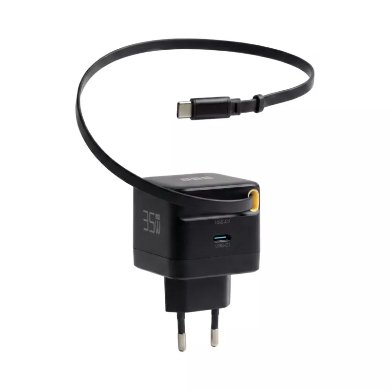 EFB Elektronik G352CE 35W GaN USB-C Wandladegerät mit einziehbarem 0,7m Kabel, PD3.0 & QC3.0, Schwarz